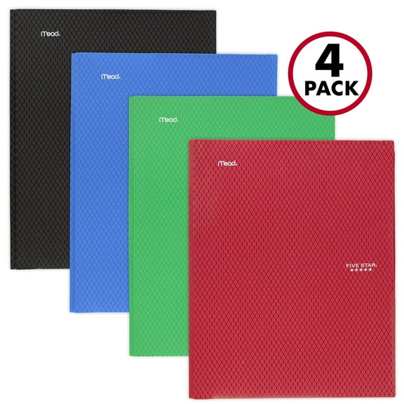 Five Star Stay-Put Plastic Pocket and Prong Folder 4 Pack Black Fire Red Forest