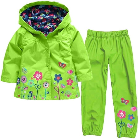 

YWDJ 18Months-5years Toddler Girls Long Sleeve Floral Coat Rainproof Hooded Jacket Trousers Suit Green 4 Years