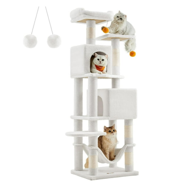 Árbol para Gatos de 155 cm de Altura, 49 x 40 x 155 cm, Rascador para Gatos con 5 Postes, Felpa Multicapa, Blanco Crema