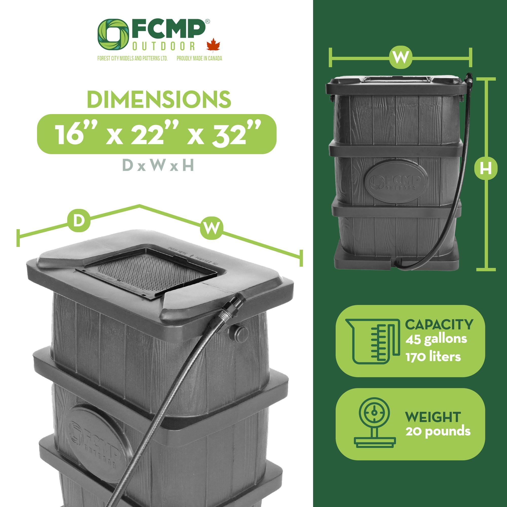 FCMP Outdoor WG4000-GRY Home Outdoor Wood Grain Rain Water Catcher Barrel