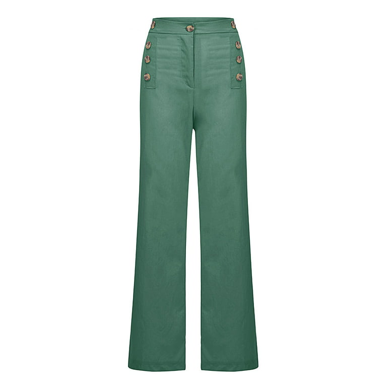 REALiKUN Women's Stretchy High Waisted Wide Leg Button-Down Pants Sailor  Bell Flare Pants Green XXL