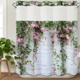 thumbnail image 2 of No Hook Shower Curtain Set with Snap in Liner, Spring Pink Flower Green Leaf Waterproof Bathroom Curtain with See Through Top Window, White Brick Wall Pastoral Floral Double Shower Curtains, 2 of 9