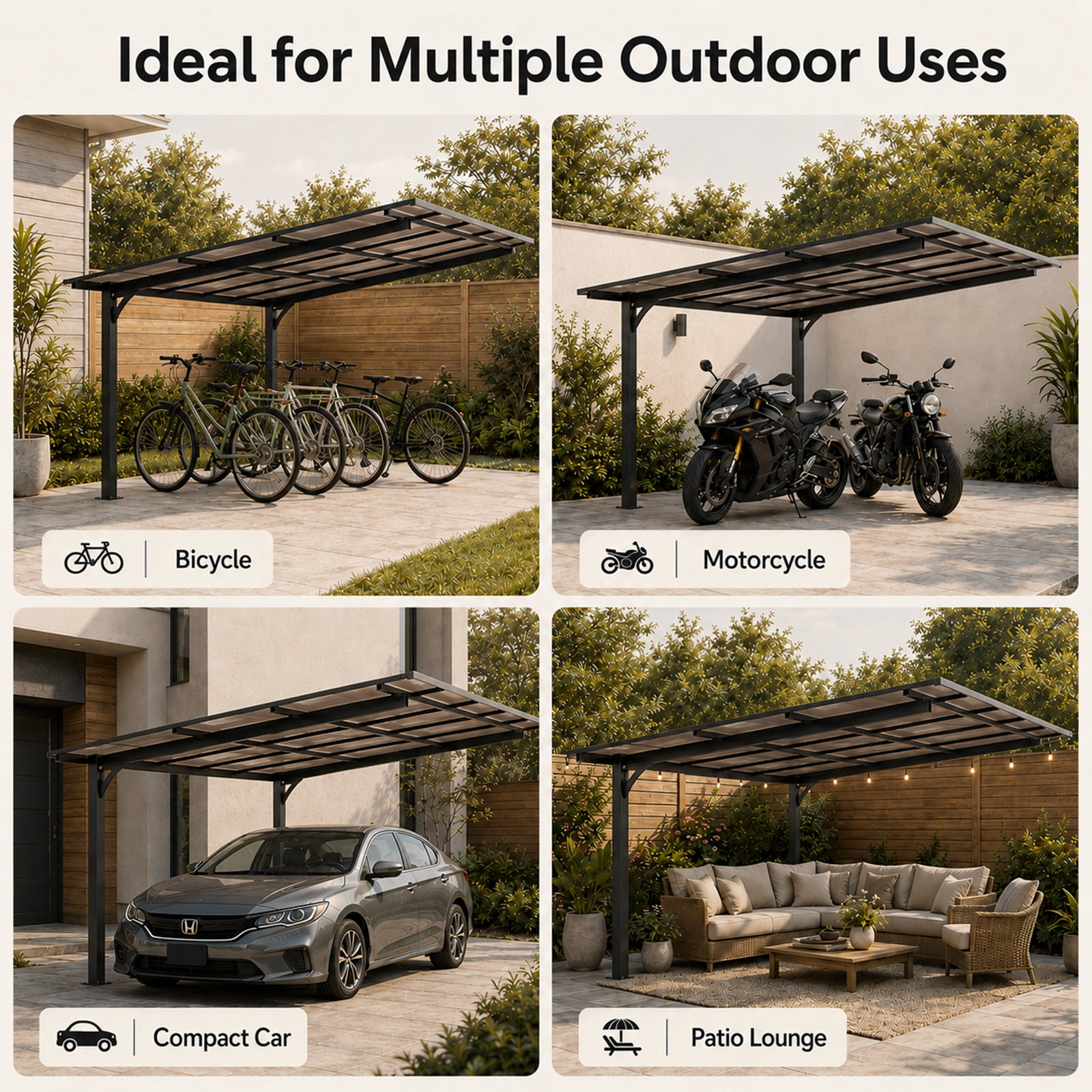 Mintazer 10x12ft Outdoor Wall-Mounted Patio Canopy, Heavy Duty Metal Awning with PC Roof, Freestanding Sun Shelter for Backyard, Bike, Grill & Patio Seating