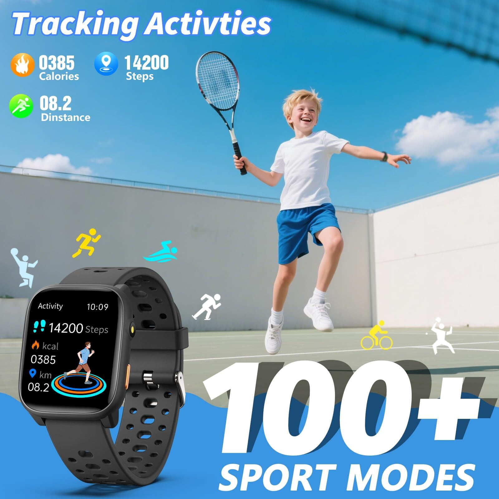 Kids Smart Watch 1.85" Upgrade - Fitness Tracker with Heart Rate Sleep Monitor Pedometer, 100+ Sports Modes, 12 Puzzle Games, Activity Tracker for Boys Girls Teens Aged 6-15 Outdoor Fun (Black)