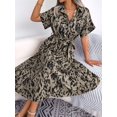 thumbnail image 6 of Women'S Summer Short Sleeve Work Dresses Tie Waist Button Down Print Midi A-Line Shirt Dress Dark Khaki M, 6 of 10