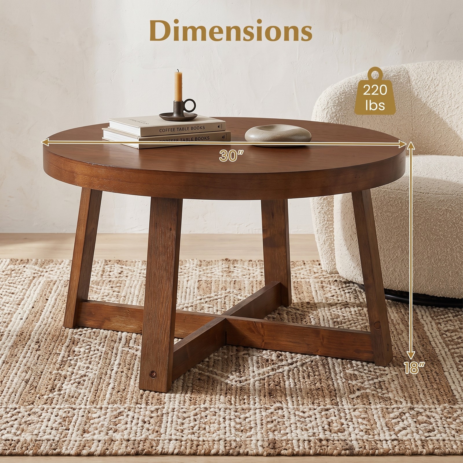 Furnibear Round Coffee Table for Living Room, 30 Inch Farmhouse Accent Table with Solid Rubber Wood Legs, X-Shaped Base, Round Center Cocktail Table for, Walnut