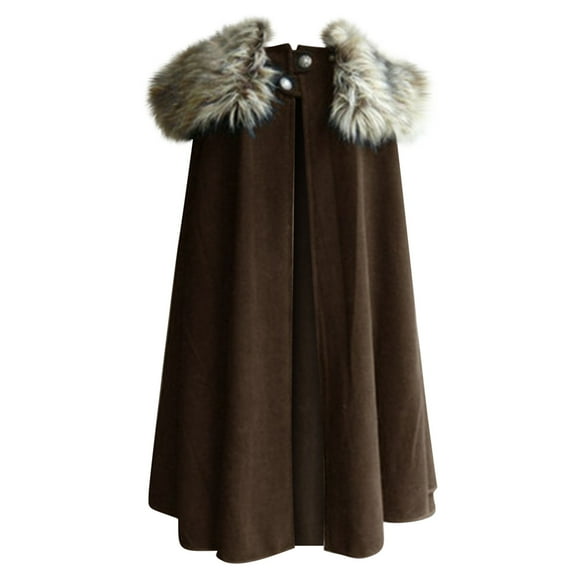 Odeerbi Cloak With Hood 2025 Fashion Solid Retro Steampunk Cape Woolen Plush Collar Coat Brown