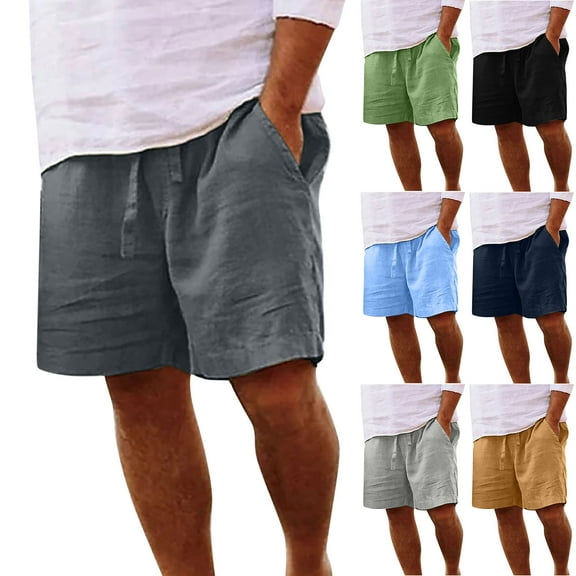 pstuiky Mens Shorts, Men Solid Color Cotton and Linen Shorts Elastic Waist Drawstring Shorts with Pockets Leisure Black M