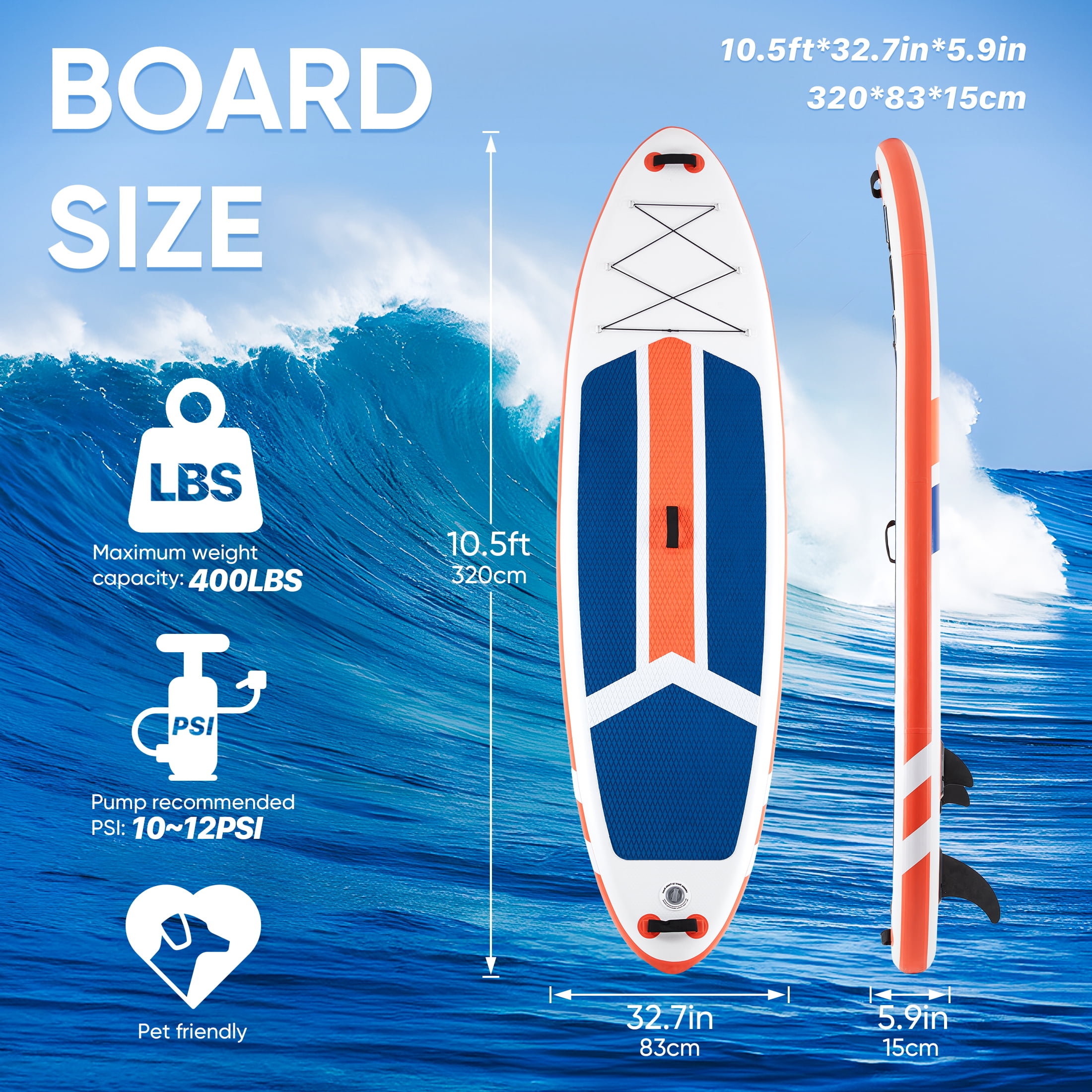 ZUNMOS 10.5ft Inflatable Stand Up Paddle Board, Non-Slip Deck, Complete SUP Accessories Set for All Skill Levels,﻿﻿ Blue and Orange