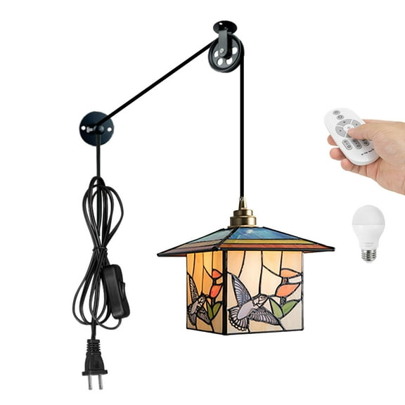 Kiven Plug in Pendant Light Adjustable Height, Antiqued Art Glass Hanging Light Fixture with Remote and Brass Lamp Holder, Dimmable Pendant Light for Bedroom Cafe Kitchen Reading Hallway