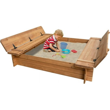 Wood Sandbox with 2 Bench Seats, Sand Boxes with Lid for Kids, Sand Pit with Cover for Outdoor Backyard Patio, 48 Inch