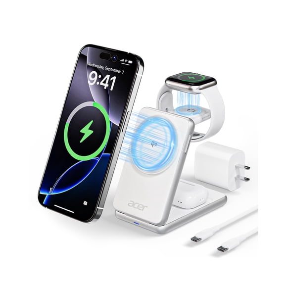 Acer 3 in 1 Charging Station for iPhone, Wireless Charger Stand,15W Fast MagSafe Charger for iPhone 17 16 15 14 13 12 Series-Apple Watch 10 9 8 7 6 5