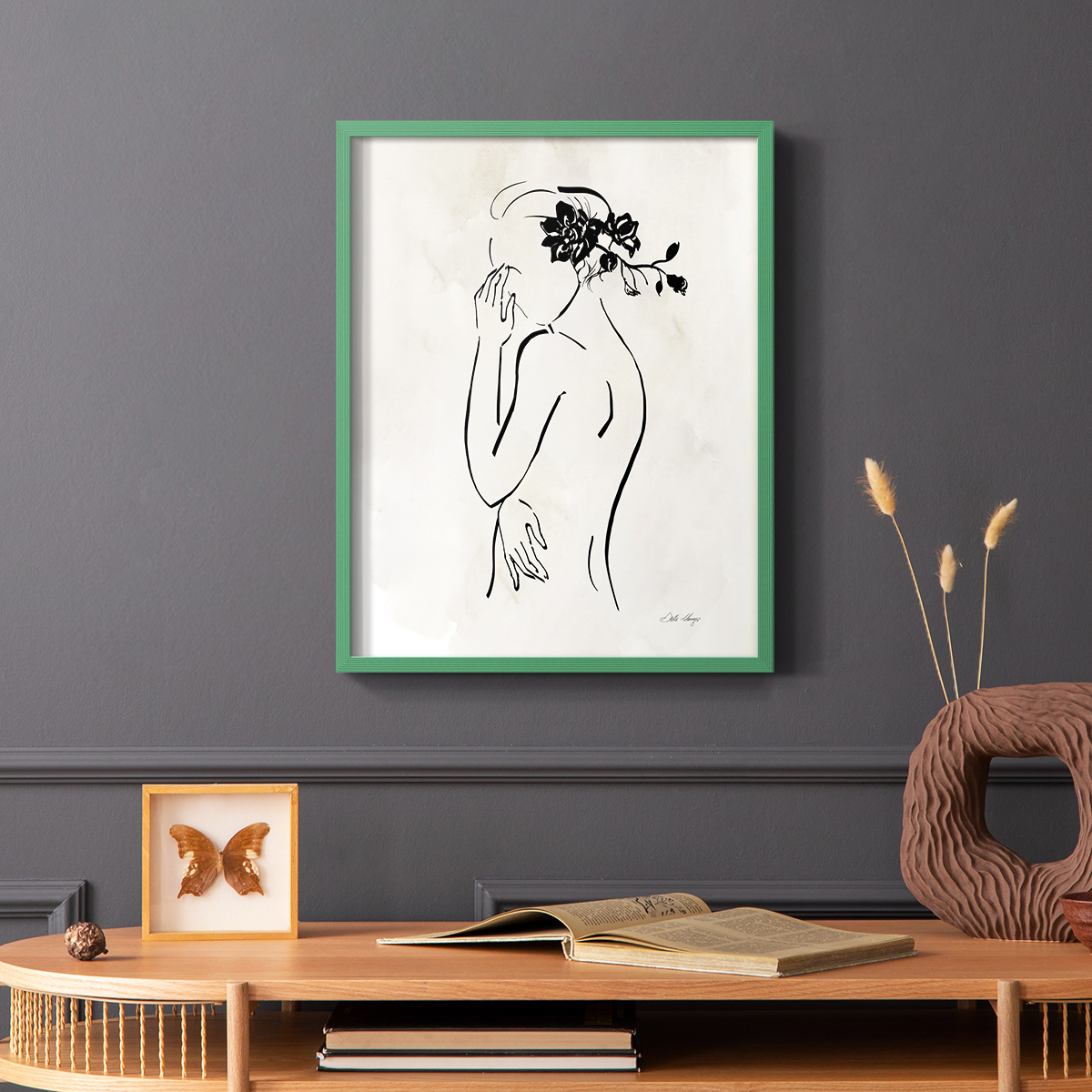 Romantic Line Art II in Green Solid Wood 8 x 10 Framed Print
