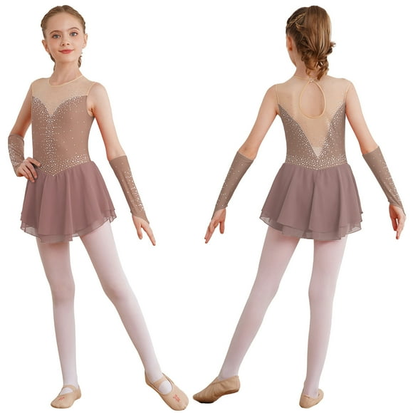 Hansber Girls Mesh Spliced Figure Ice Skating Dress Competition Gymnastics Leotard Dance Performance Costume Dusty Pink 12