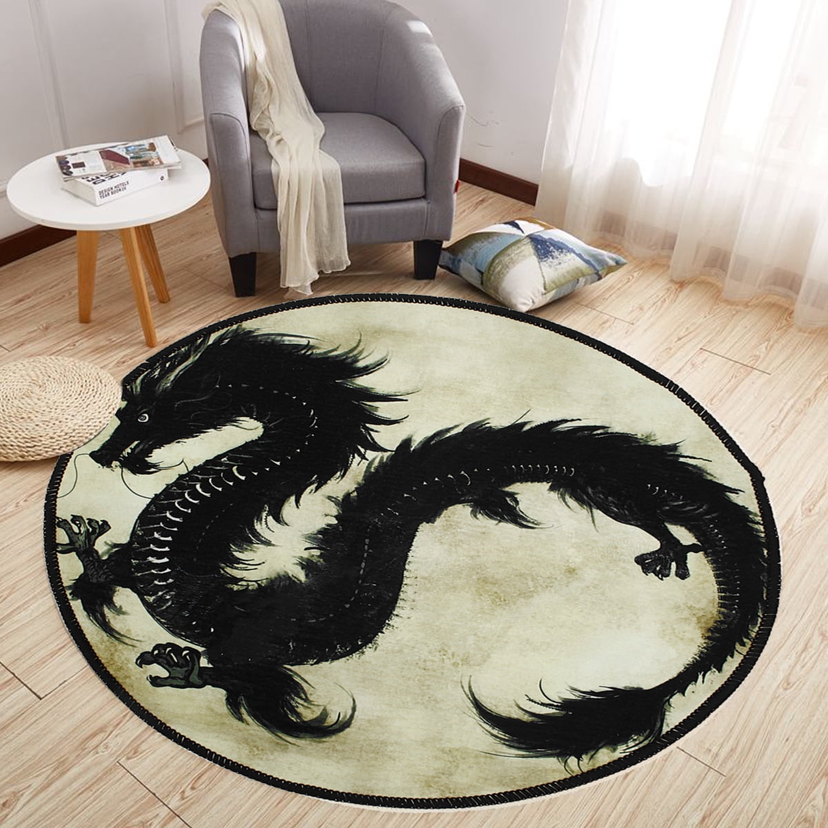 Oriental Black Dragon Non-slip Yoga Mat Room Floor Round Carpet Decor Area Rugs 