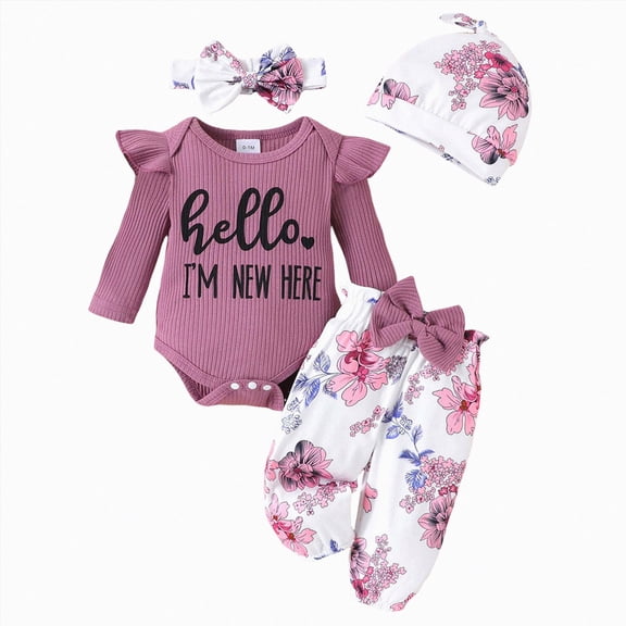 TOWED22 Newborn Baby Girl Outfits 3-Piece Clothes Set Fall Winter Long Sleeve Crew Neck Print Romper Jumpsuit Flare Pants Headband Set(Purple,3-6 M)