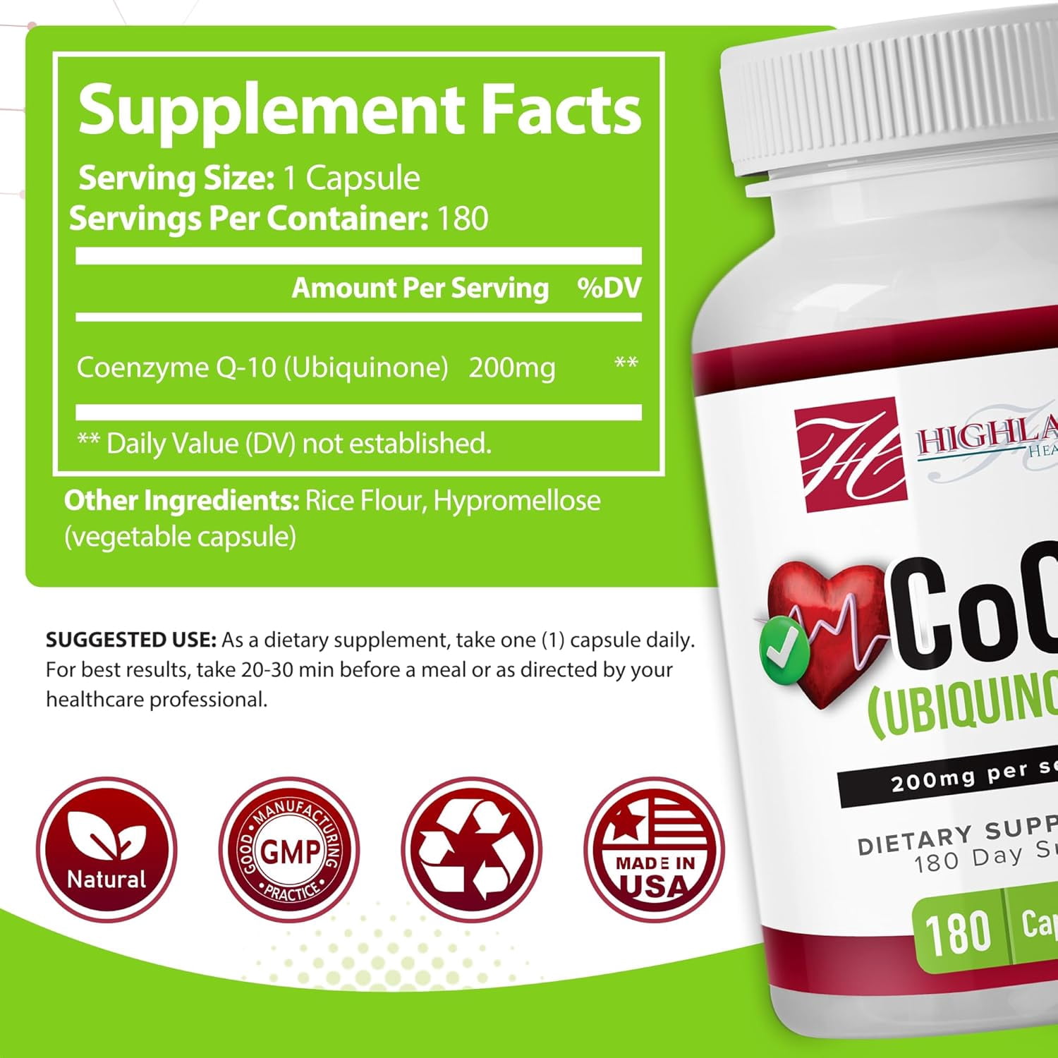 CoQ10 200mg 180 Vegetarian Capsules for Heart Health, Non-GMO, Easy to Swallow, Supports Cellular Energy Production and Cardiovascular Health