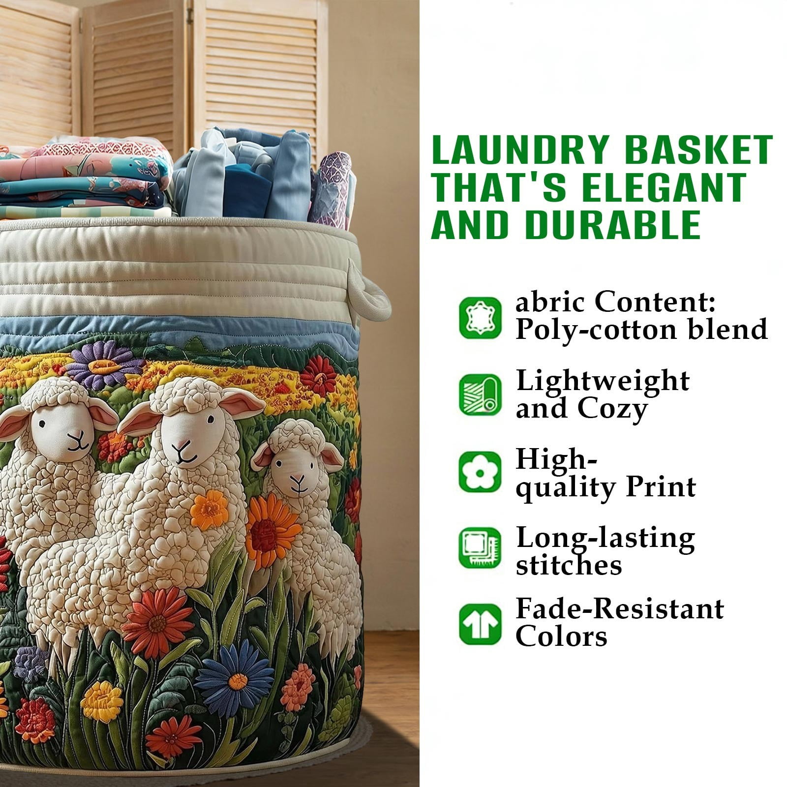 Quilted Laundry Basket with Handles, Boho Floral Fabric Hamper for Clothes & Toys,Soft Padded Collapsible Clothes Basket for Nursery, Bedroom, Laundry Room