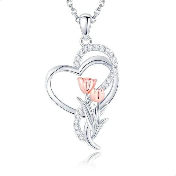XATENJE Tulip 925 Sterling Silver Flower Heart Pendant Necklace Gifts for Women Mother Tulip Lover