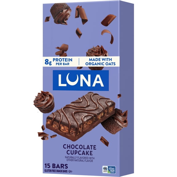 LUNA Chocolate Cupcake Flavor Gluten Free Snack Bars, Protein Bars, 15ct