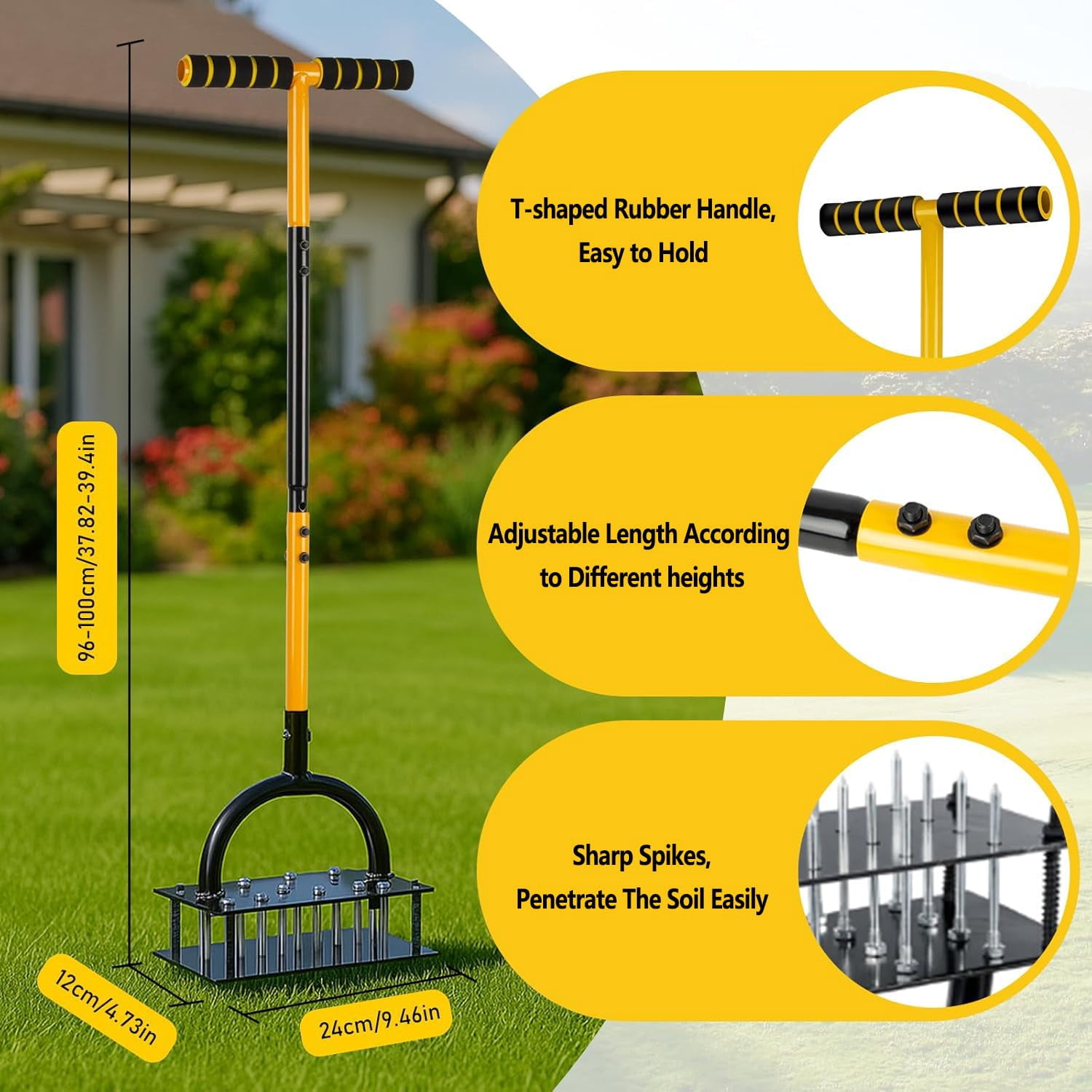 Lawn Aerator Tool With 16 Steel Spikes  Grass Tools Spring-loaded Design & Adjustable T-handle Pre-assembled Hand For Courtyard And Garden