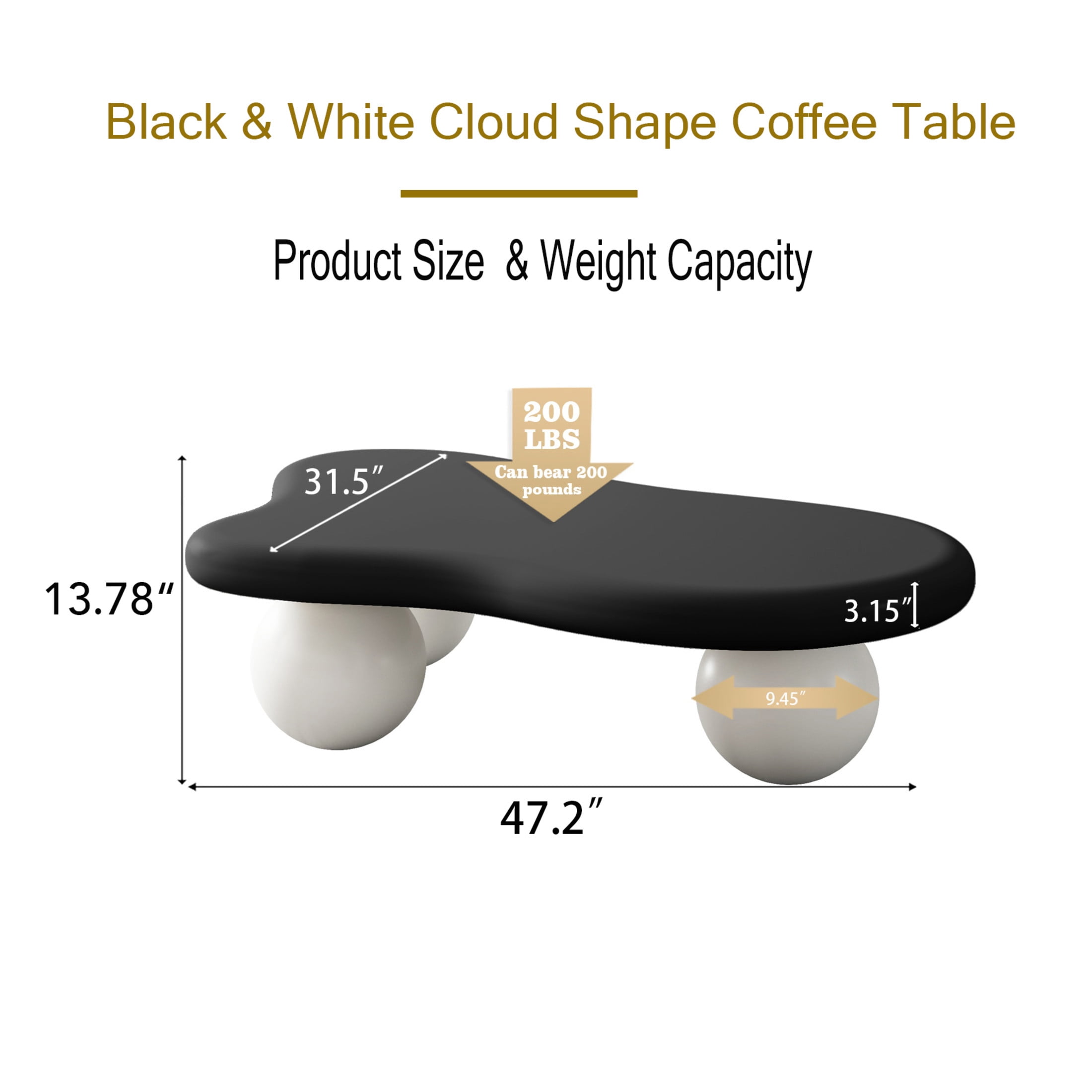 Noble House 47" Cloud Shaped Coffee Table with Ball Legs, Modern Aesthetic Accent Table for Living Room, Black Top White Legs