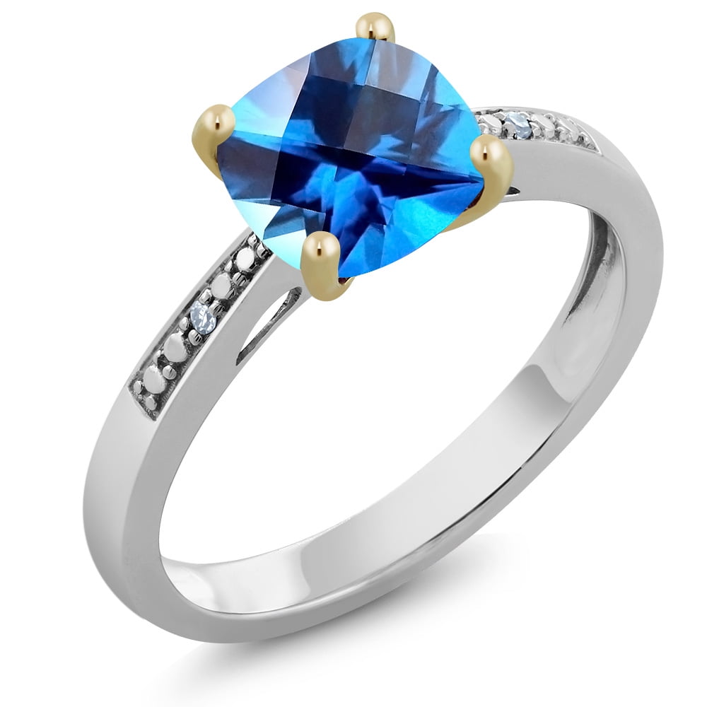 10K 2-Tone Gold Diamond Ring Set with Cushion Kashmir Blue Topaz from Swarovski by