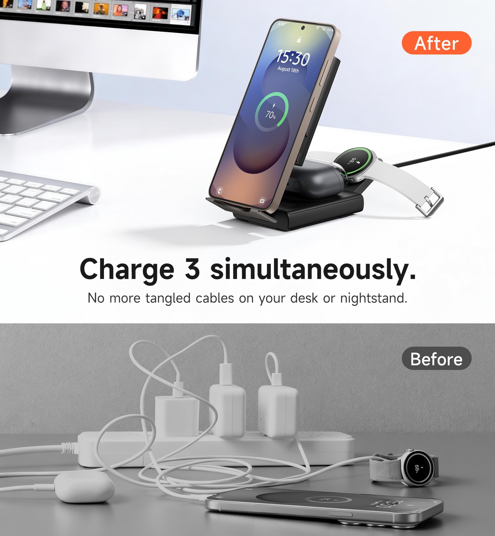 Suritch 3 in 1 Charging Station for Samsung Galaxy S25 S24 S23 S22 S21, Wireless Charger for Galaxy Watch and Buds, Black