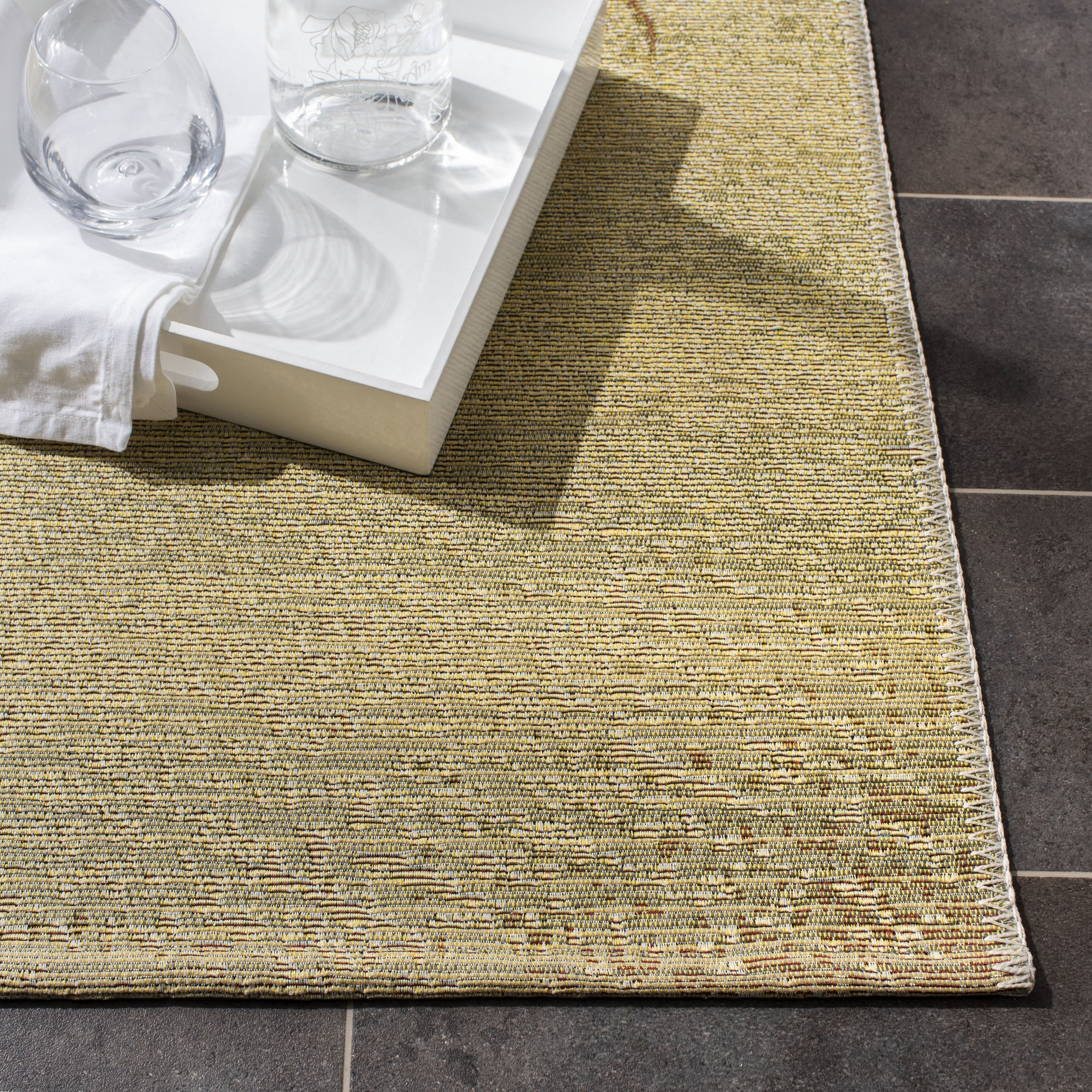 SAFAVIEH Barbados Sand Footprints Outdoor Area Rug, Gold/Blue, 8' x 8' Square