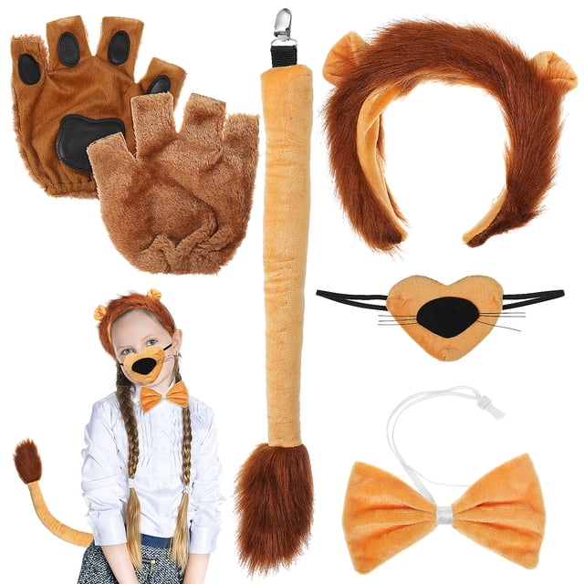 FELTECHELECTR 1 juego de disfraz de león, diadema con orejas de león, guantes mullidos, herramienta para disfraz de nariz y cola, accesorios para disfraz de animal.