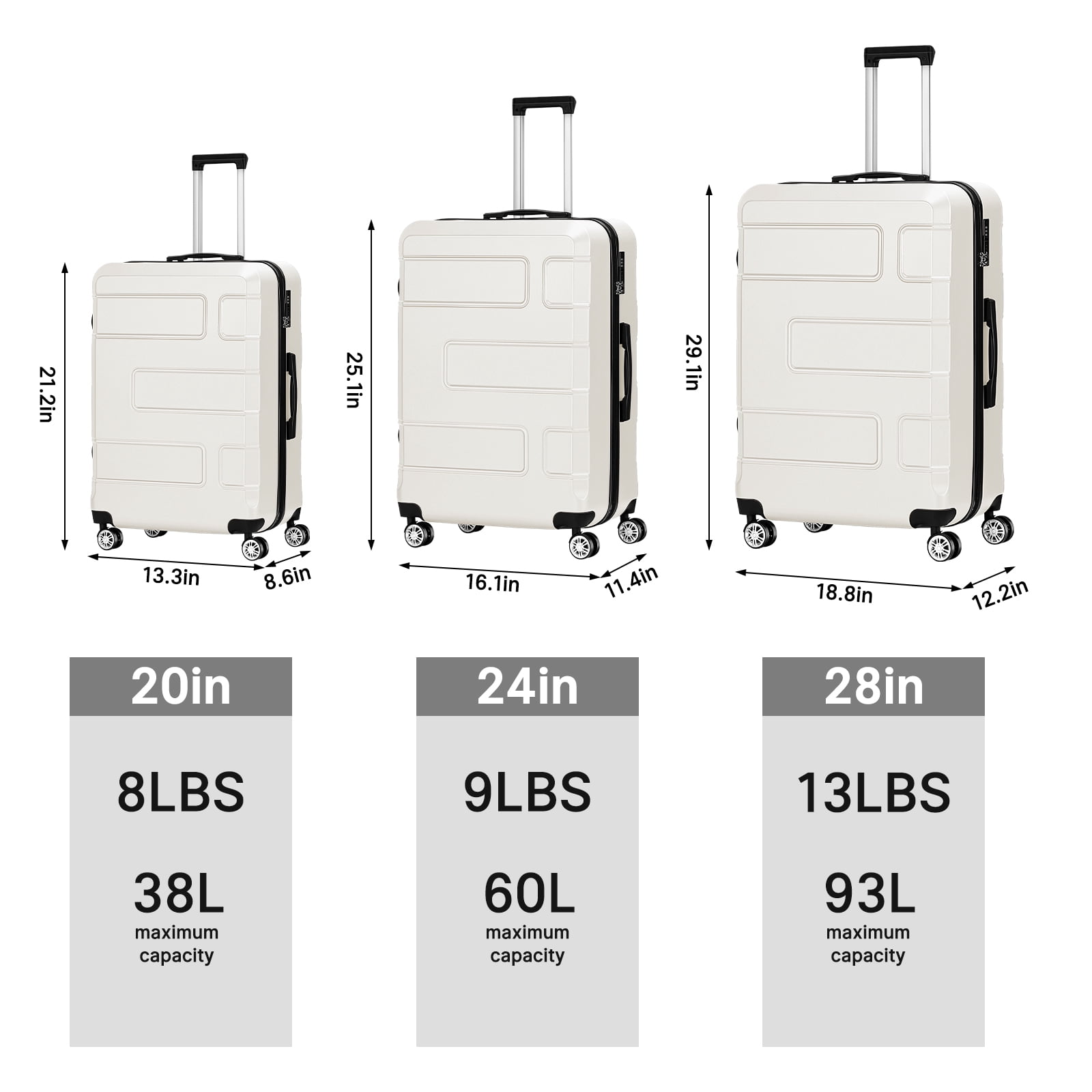 TSA Lock 3 Piece Luggage Sets Hardside Spinner in White