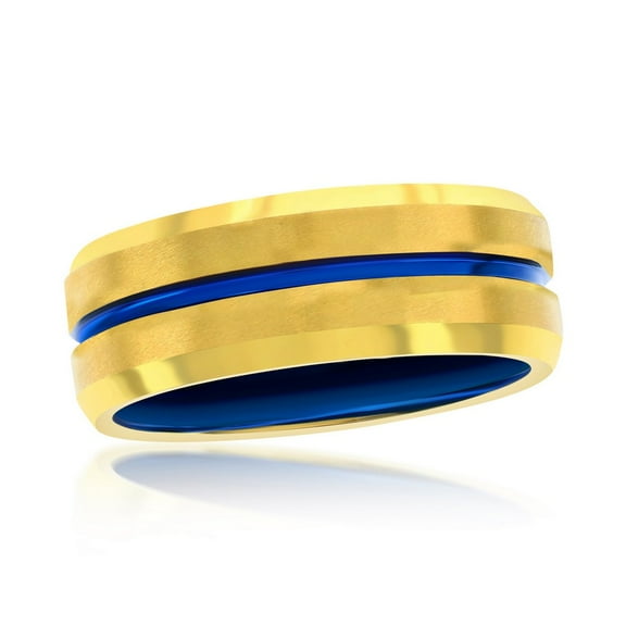Beaux Bijoux Men's Gold & Blue Stripe Tungsten Ring - Matte and Polished Band - Comfort Fit Ring for Men