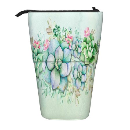 Xecao Succulent Print Telescopic Pencil Bag Pen Holder Pop Up Stationery Case Stand-up Retractable Transformer Bag Standing Organizer