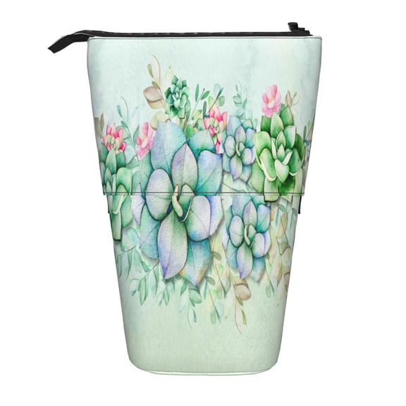Xecao Succulent Print Telescopic Pencil Bag Pen Holder Pop Up Stationery Case Stand-up Retractable Transformer Bag Standing Organizer