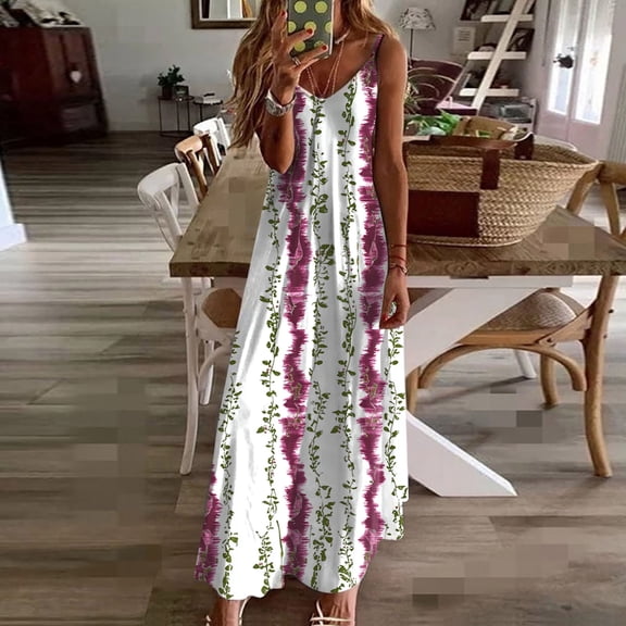 ClodeEU Women's Printed V Neck Sleeveless Spaghetti Strap Summer Loose Tunic Maxi Dress Red,Womens Plus M