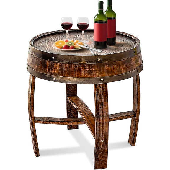 HamRoRung Wine Barrel End Table, Handcrafted Whiskey Barrel Side Table, Rustic Round Wooden Bourbon Coffee Oak Desk for Vintage Wine Bar and Home Décor