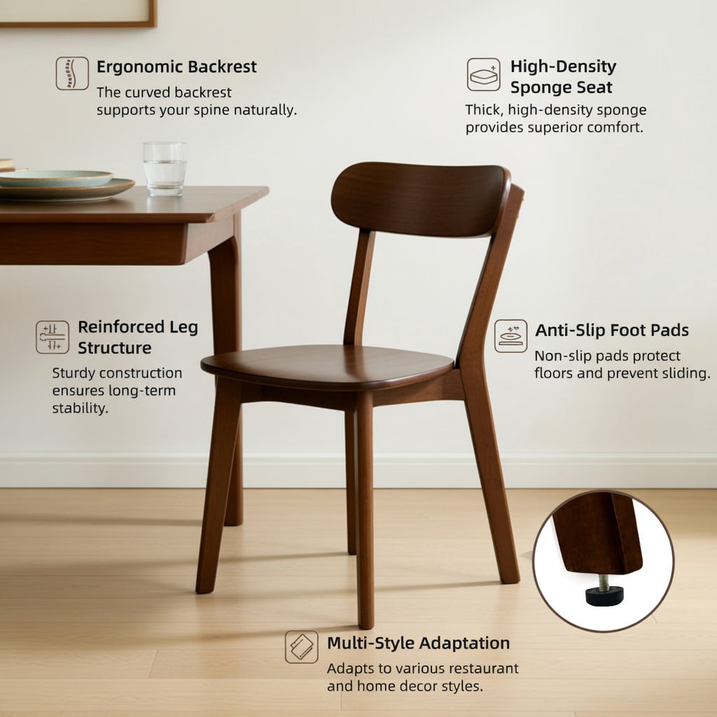 Hommoo 4 Pcs Mid Century Modern Solid Wood Dining Chairs, Ergonomic Curved Back, Adjustable Leveling Feet, for Dining Room, Kitchen & Living Room, Walnut