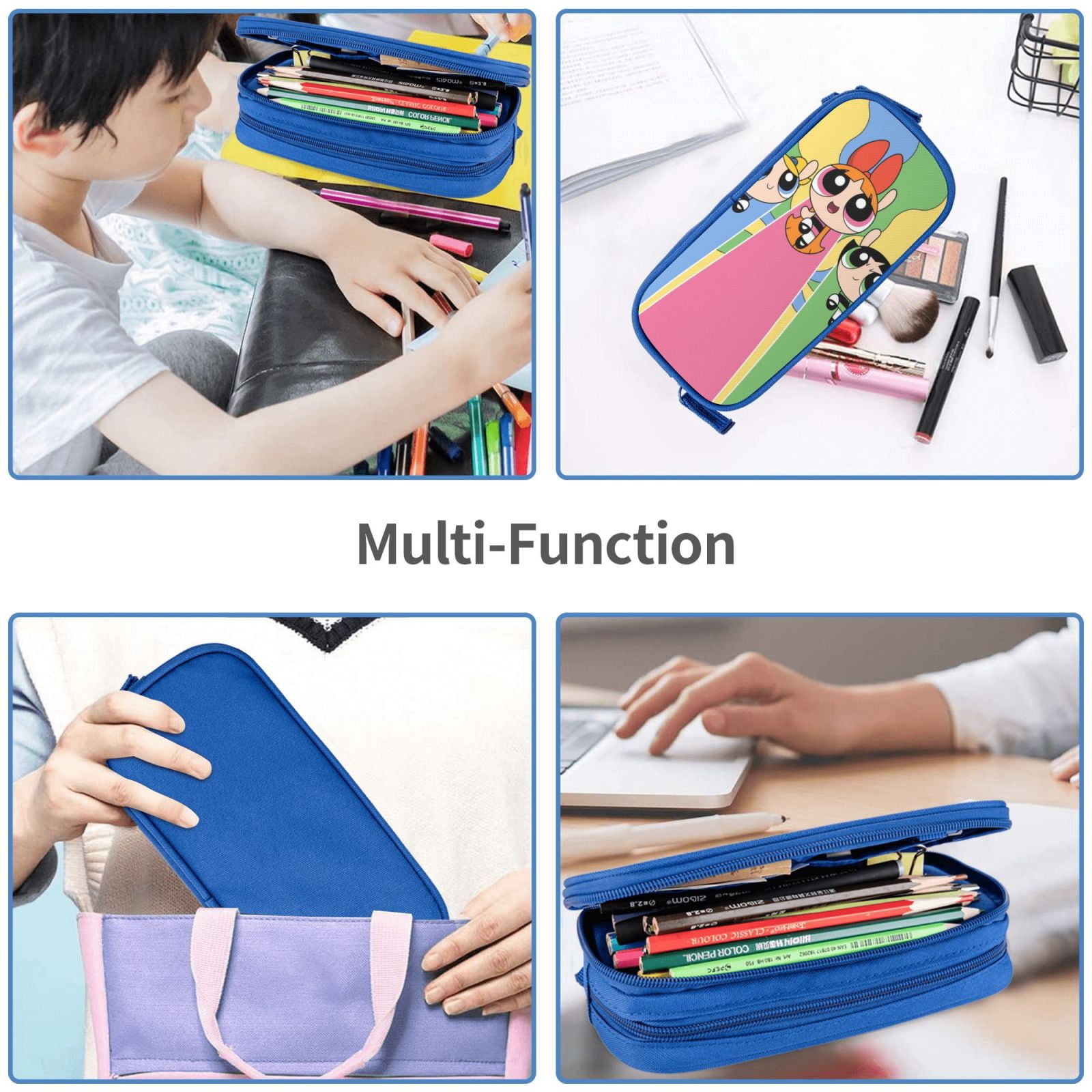 The Powerpuff Gi-rls Pencil Case Large Capacity Pencil Pouch Penbag Office Stationery Organizer Travel Makeup Bag Blue