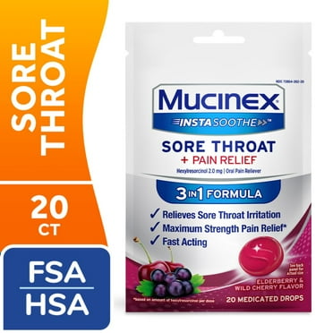 Mucinex InstaSoothe Sore Throat   Pain Relief Elderberry & Wild Cherry Medicated Drops - 20 ct - Pack of 2