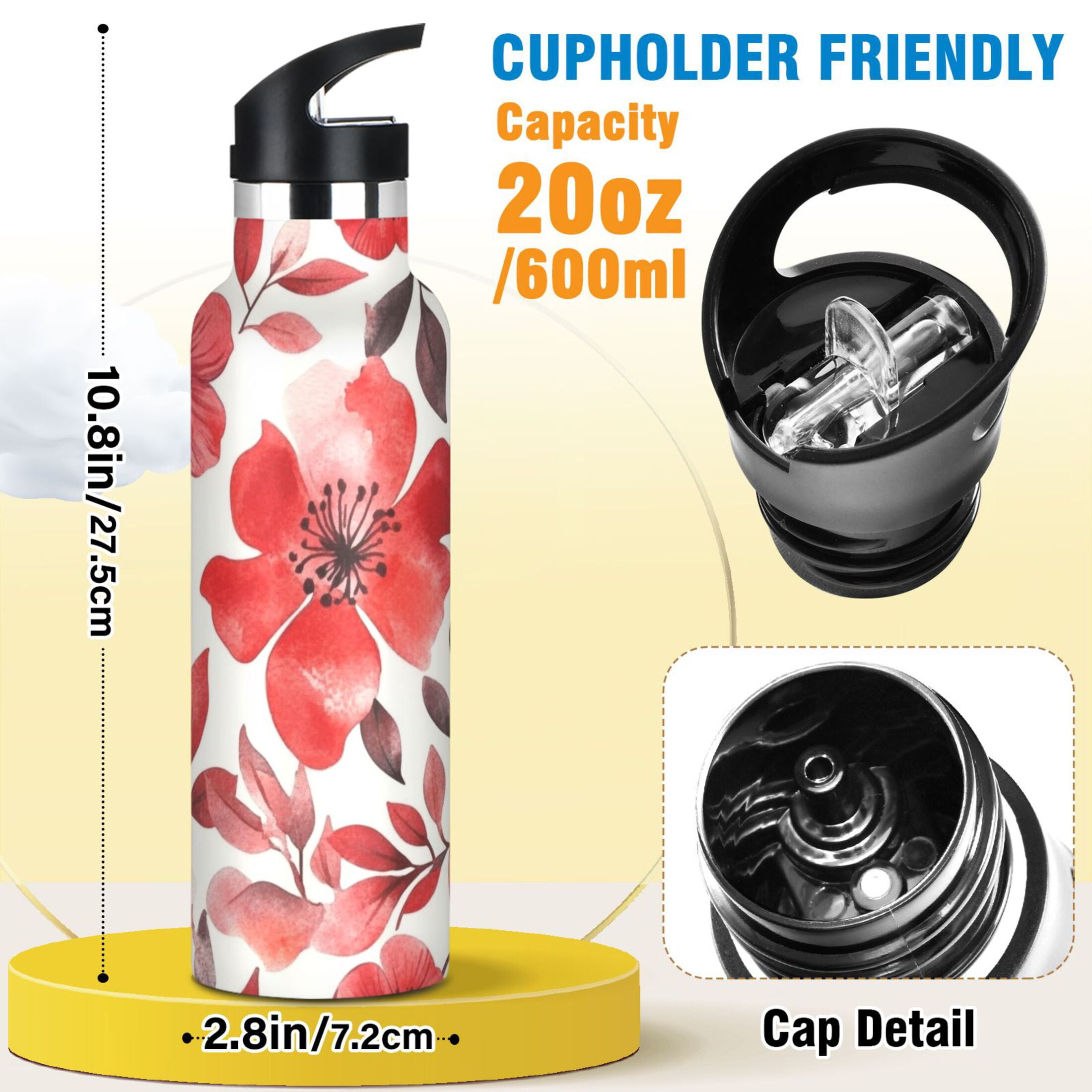 600ML Stainless Steel Insulated Cup Sports Water Bottle Portable Thermos Cup Water Glasses Insulated Tumblers Convenient and Durable Cartoon Red Flowers