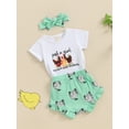 thumbnail image 4 of Aojekbee Baby Girls 3Pcs Summer Outfit Short Sleeve Chicken Print Romper + Shorts + Headband Set Farm Clothes, 4 of 10