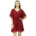 thumbnail image 5 of Bimba Women's V Neck Tassel Kaftan Short Rayon Caftan Designer Beachwear Coverup Dress, 5 of 9