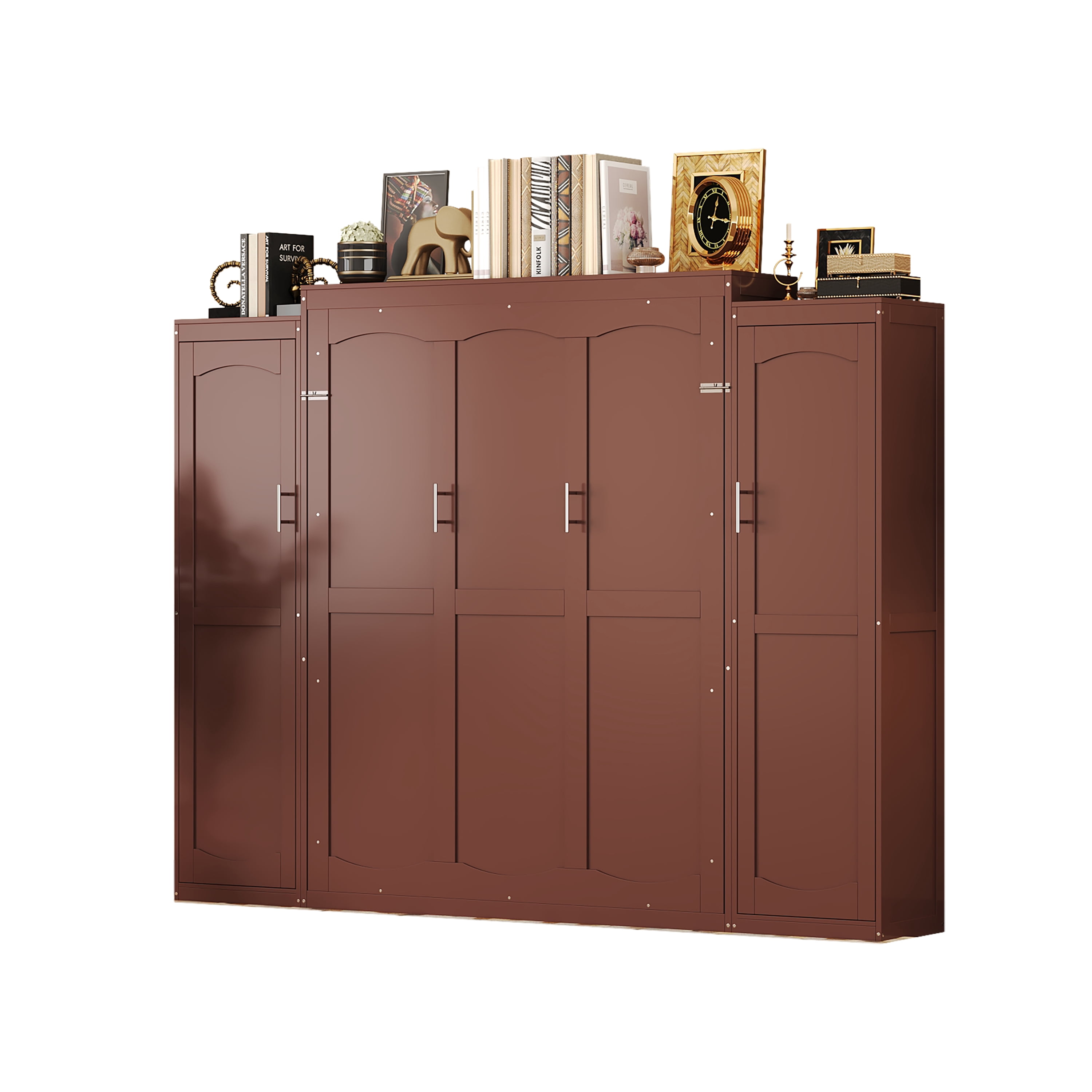 Yoneston Full Size Modern Murphy Bed with 2 Wardrobe & Storage Shelf, Multifunctional Foldable Platform Bed Frame with for Guestroom Bedroom, Brown