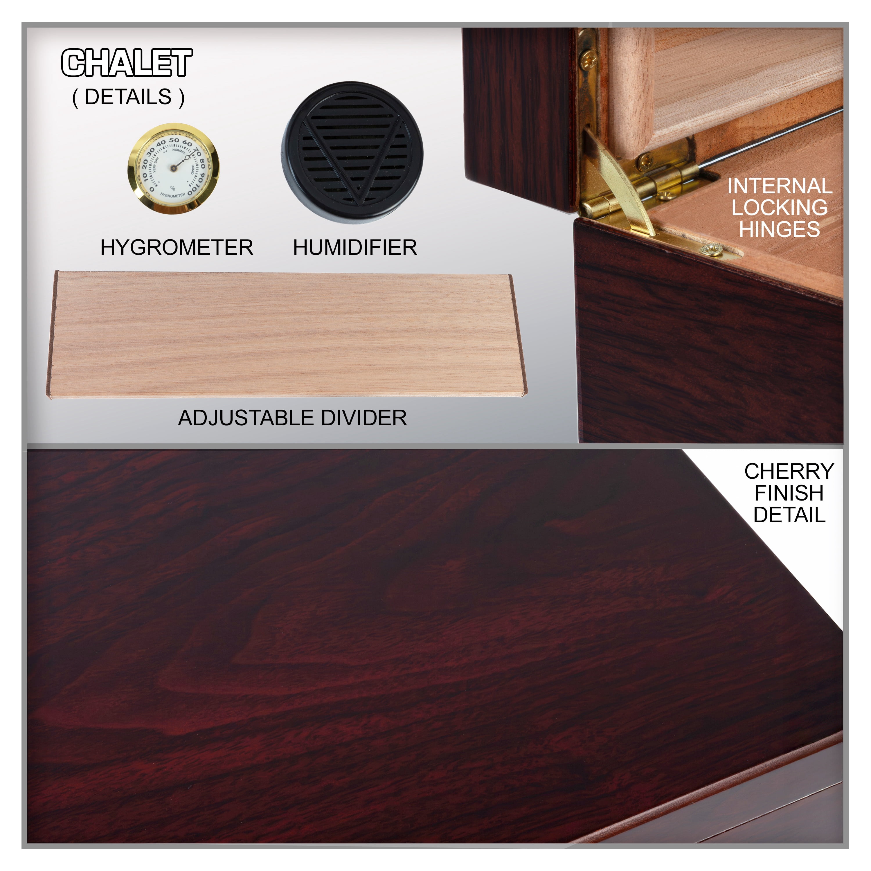 Chalet Cigar Humidor - Cherry Finish - Capacity: 25 to 50