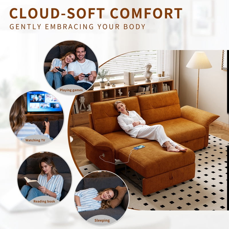 85" Convertible Sofa Bed, 2-in-1 Sleeper Sofa with Plush Fabric, Full-Size Pull-Out Couch with USB Charging Ports, Solid Wood Frame, High-Resilience Foam for Living Room & Small Space