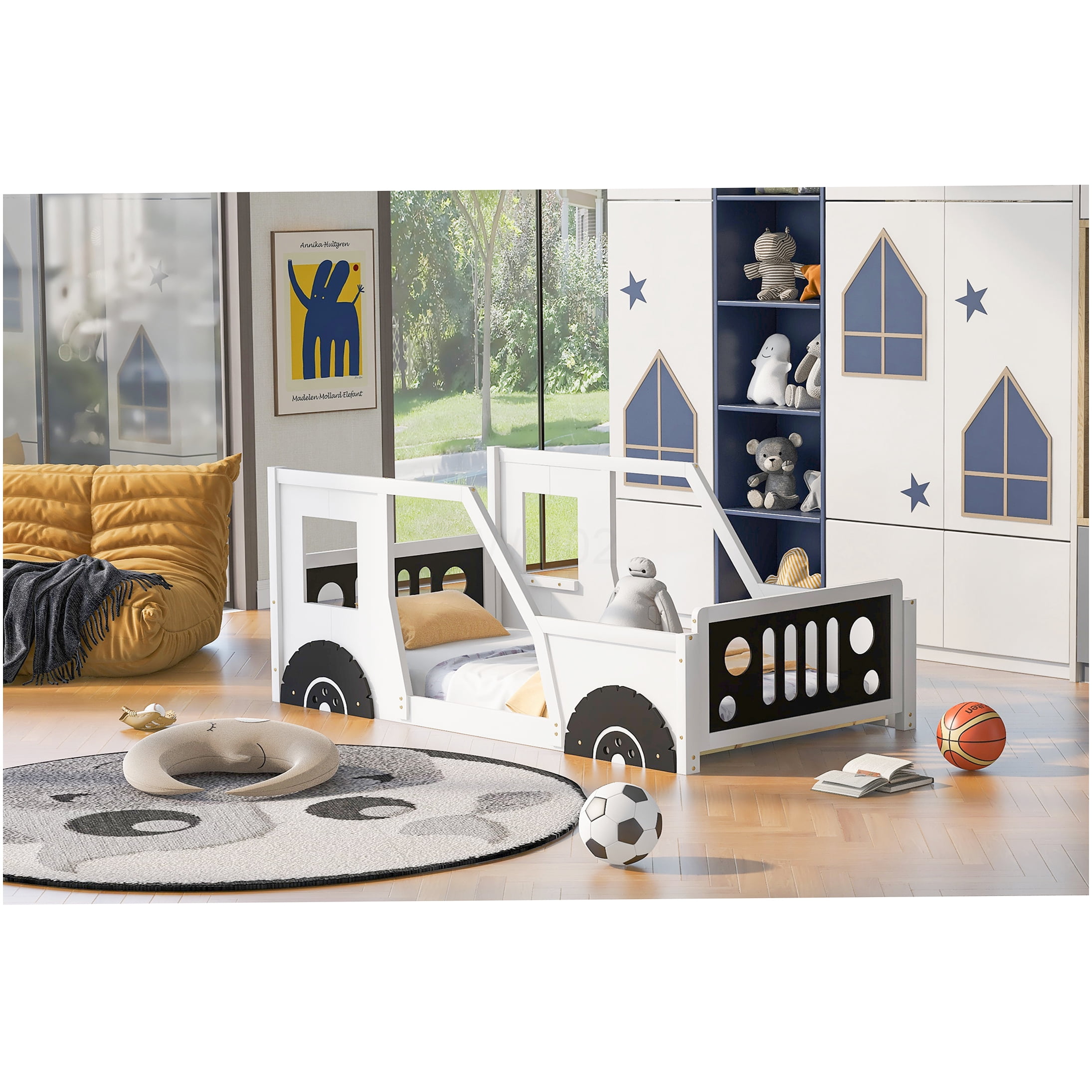 Twin Size Race Car Bed Frame with Wheels, White Wood Platform Bed No Box Spring Needed