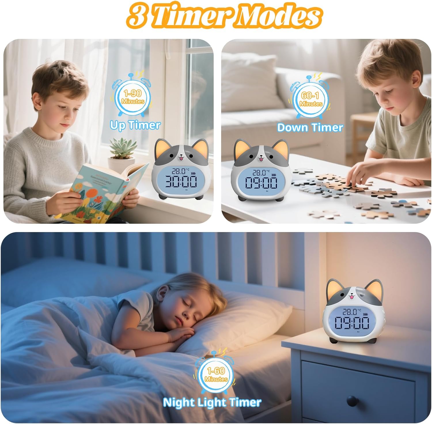 Alarm Clocks for Kids - Cute Dog Clock with Night Light, 6 Alarm Tones, Snooze, Timer, Date and Temperature Display - Rechargeable Battery Operated Digital Clocks for Bedroom Kids Room
