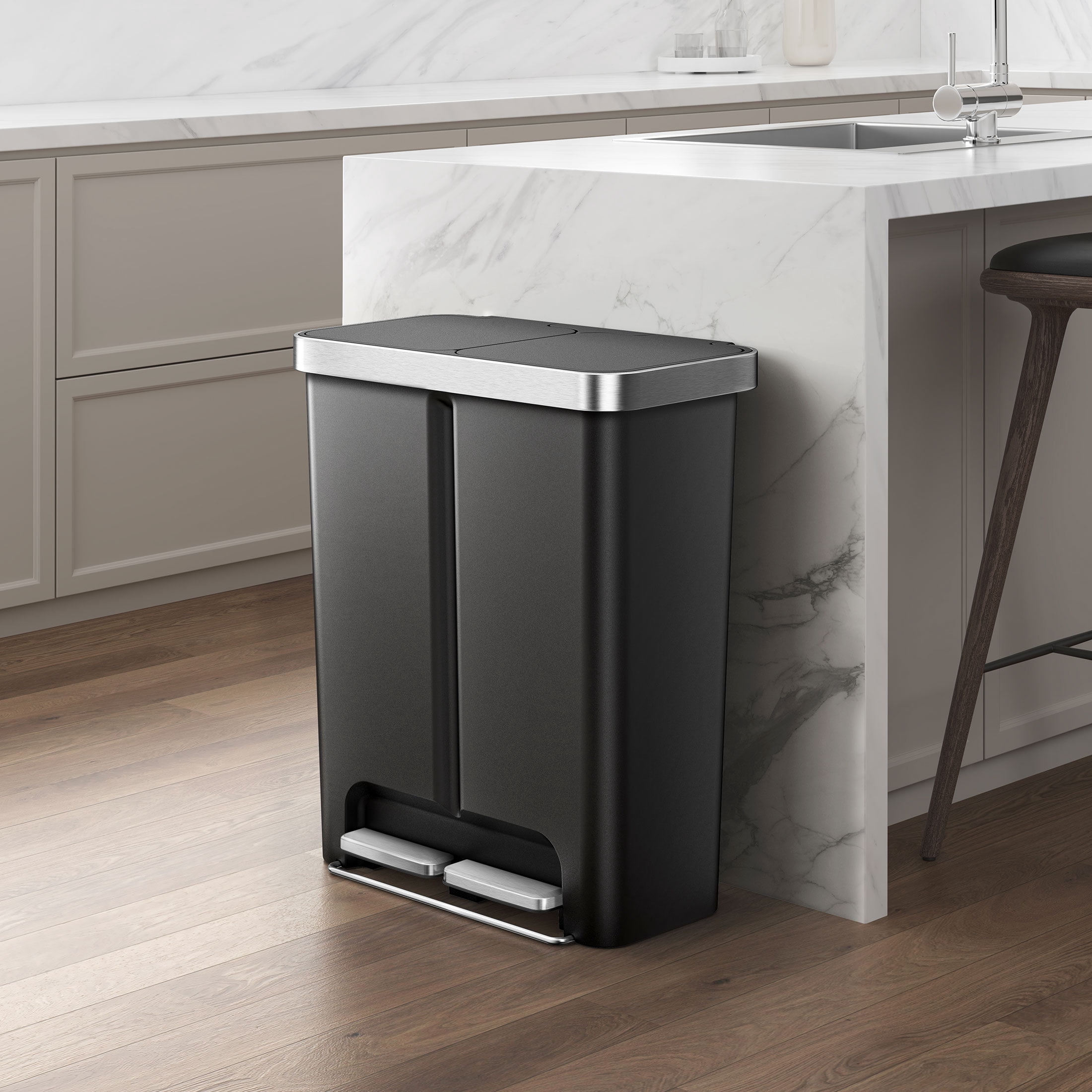 Better Homes & Gardens Kitchen Recycle Trash Can, 16 Gallon Plastic Dual Compartment Step Garbage Bin, Black