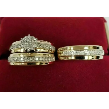 Aishvi Jewels Round Cut Simulated Diamond Engagement Trio Ring Set, 2.5 Ct, Yellow Gold Plated Silver