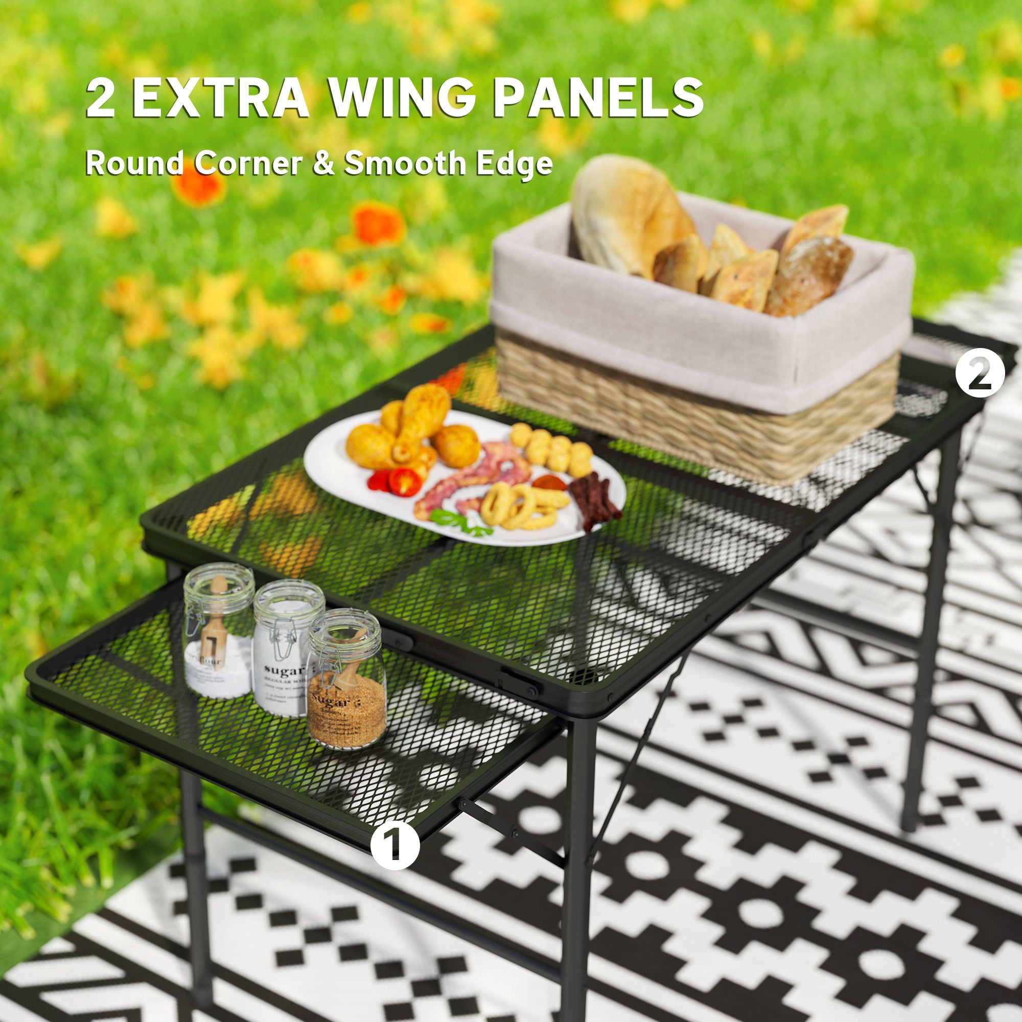 Folding Camping Table, 4.5ft Portable Table with 2 Wing Panels, Height Adjustable Metal Picnic Table